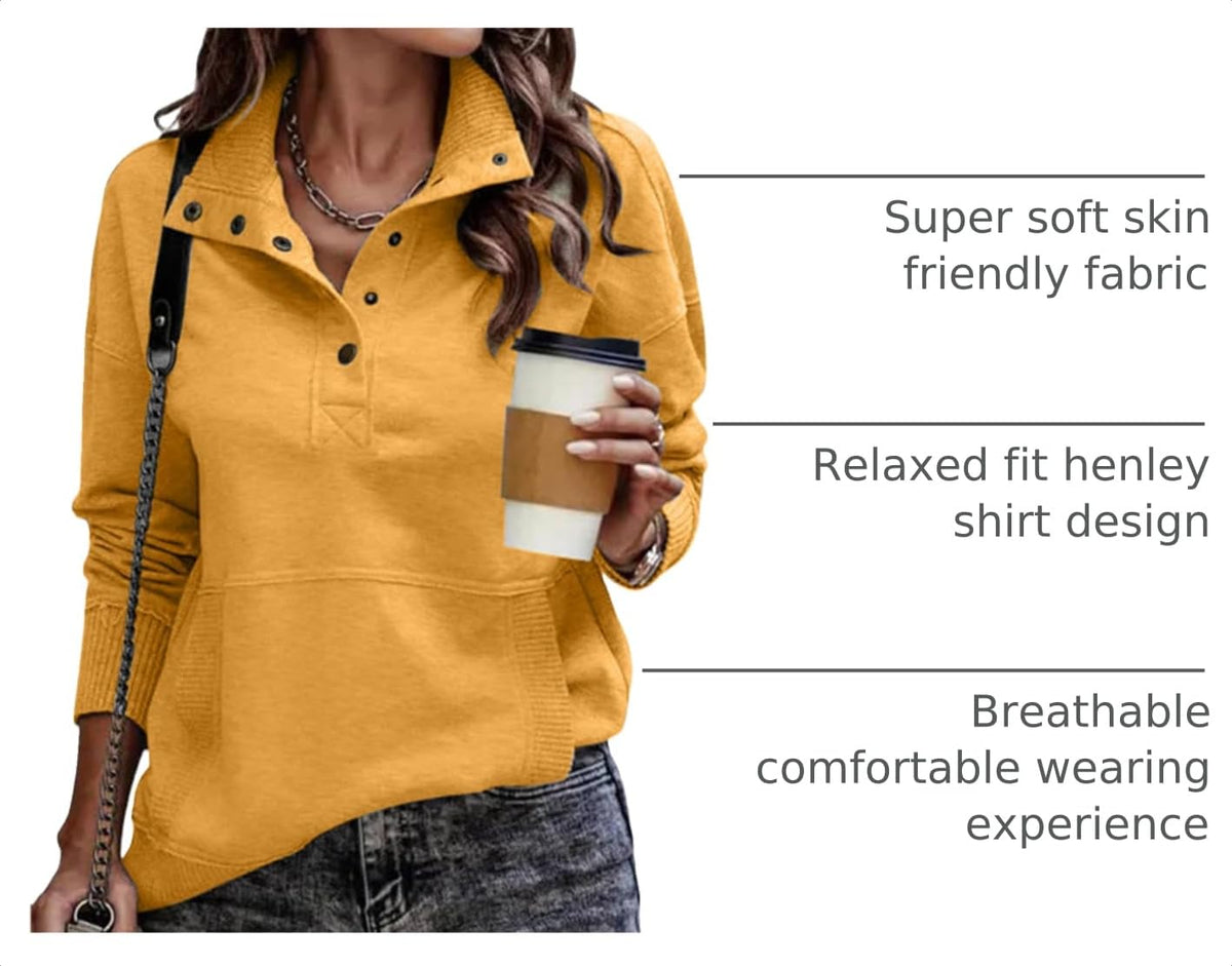 SHEWIN Women's Casual Long Sleeve Stand Neck Sweatshirt Lightweight Button Drawstring Pullover Tops