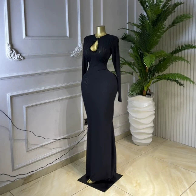 Long Sleeve Hollow Out Slim Fit Black Maxi Dress