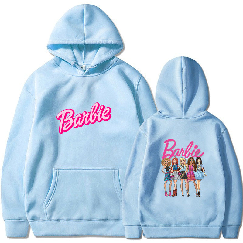 Style Barbie Letter Print Fleece Lined Unisex Loose Fit Hooded Pullover Sweatshirt