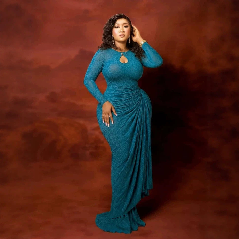 Jacquard Long Sleeve Ruched Tie Ribbon Maxi Dress
