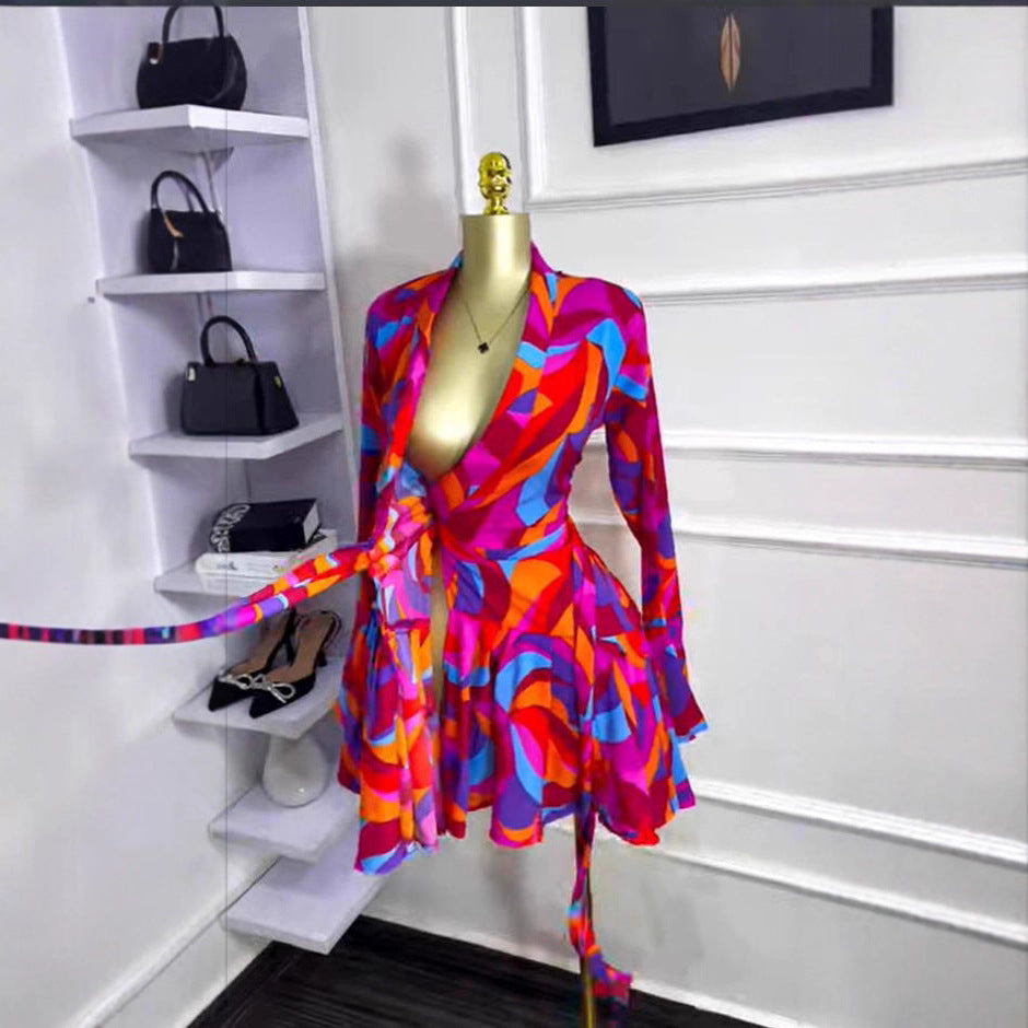 Sweet Printed Long Sleeve Lapel Collar Belt Pleated Mini Dress