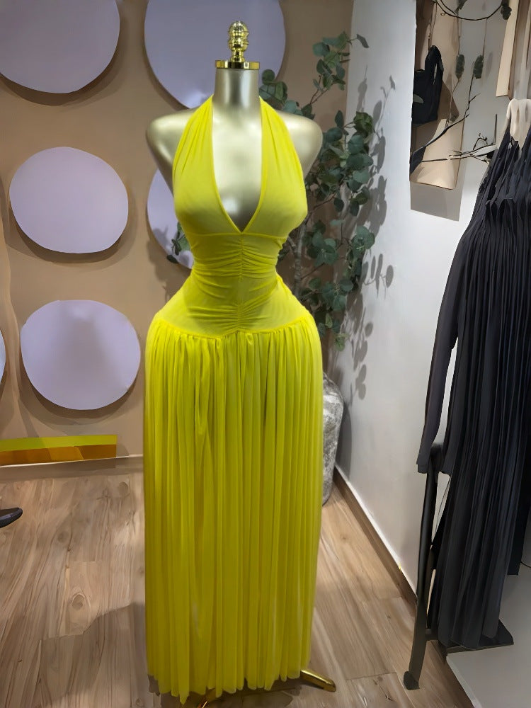 Sleeveless Pleated Mesh Long Formal Dress