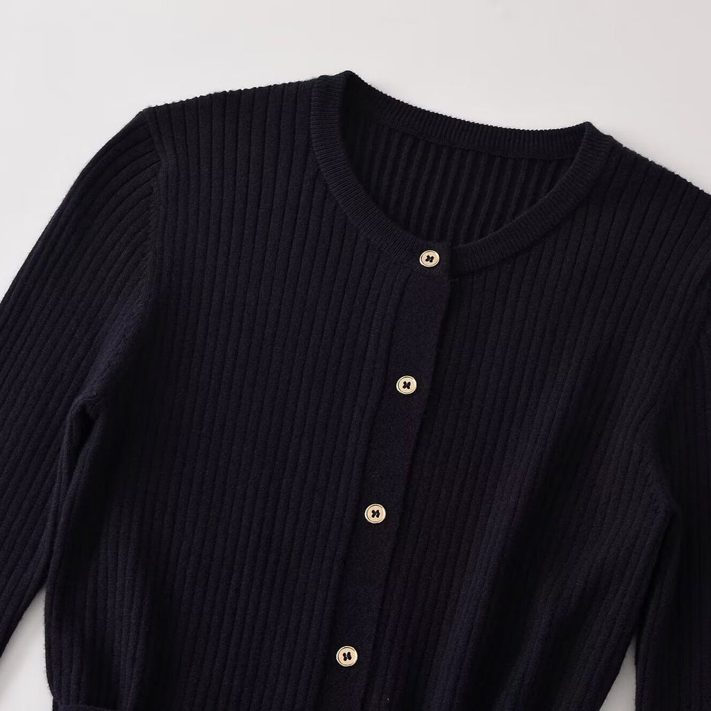 Single breasted ribbed knit sweater jacket with belt for women
