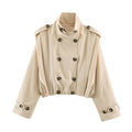 Casual loose double breasted stand up collar pleated trench coat for women