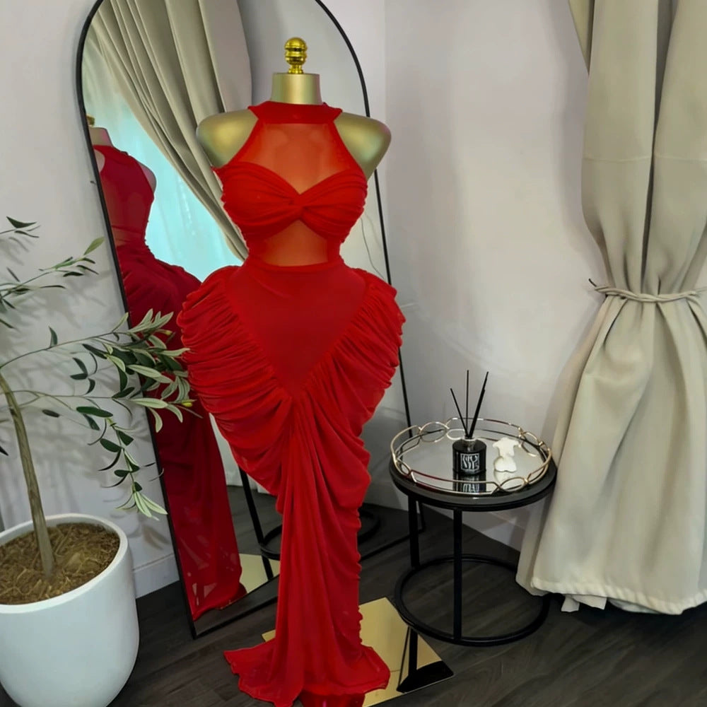 Elegant Sexy Sleeveless Ruched Mesh Round Neck Bodycon Dress
