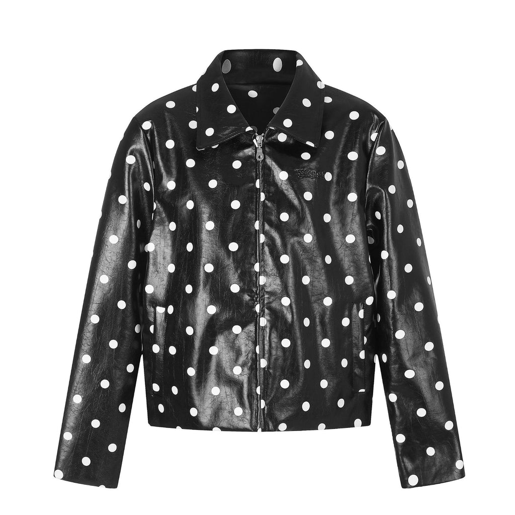 Polka Dot Zip Up Notched Lapel Glossy PU Loose Crop Leather Jacket
