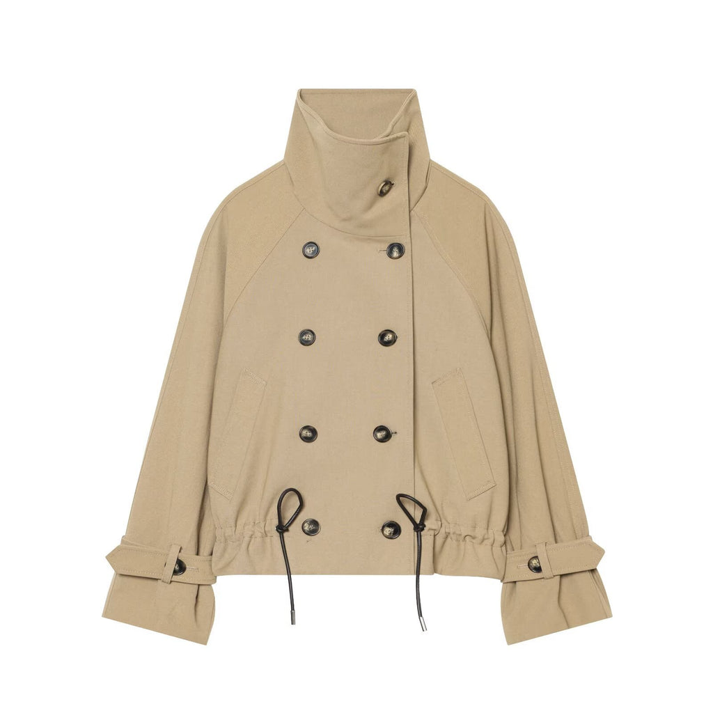 Loose double breasted drawstring tied high neck trench coat for women