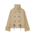 Loose double breasted drawstring tied high neck trench coat for women
