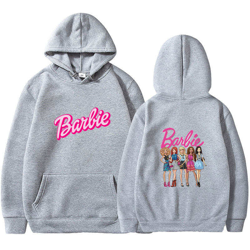 Style Barbie Letter Print Fleece Lined Unisex Loose Fit Hooded Pullover Sweatshirt