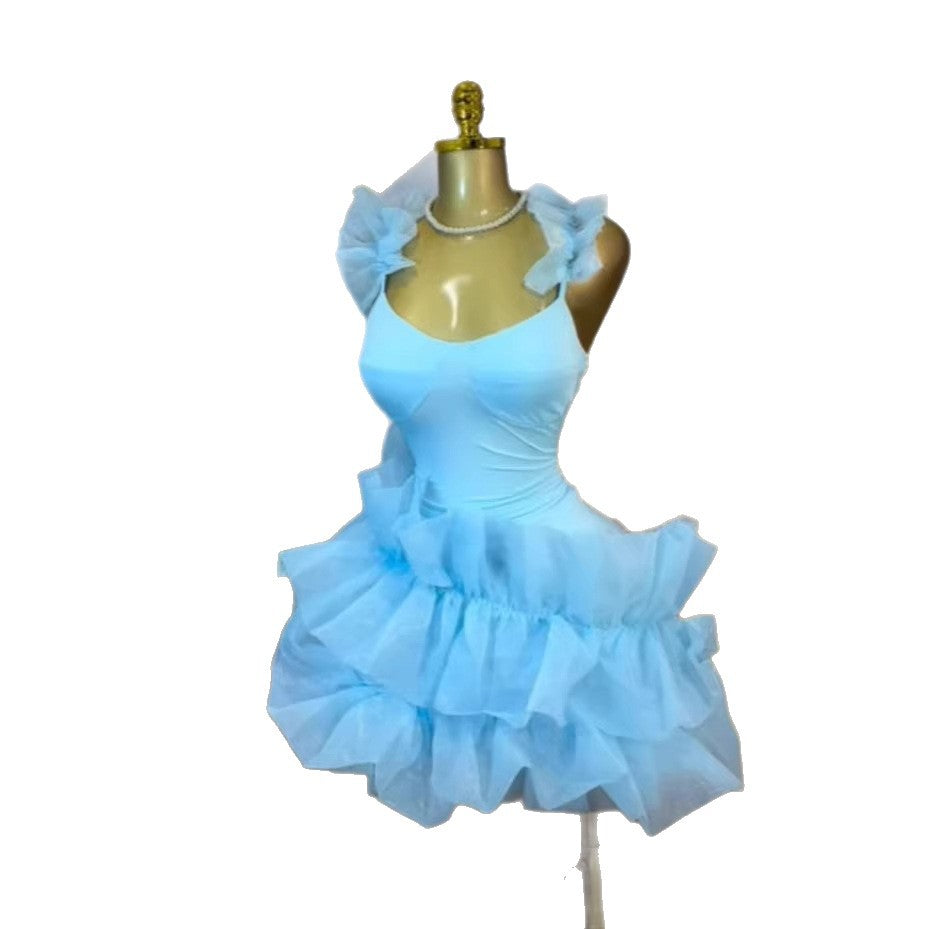Sweet Sleeveless Tube Top Waist Cinched Puff Mini Dress