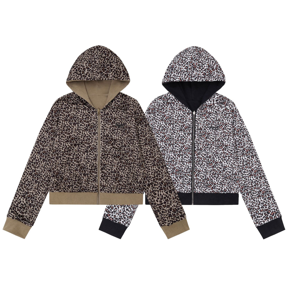 Reversible Leopard Print Double-Breasted Zip-Up Hooded Crop Jacket