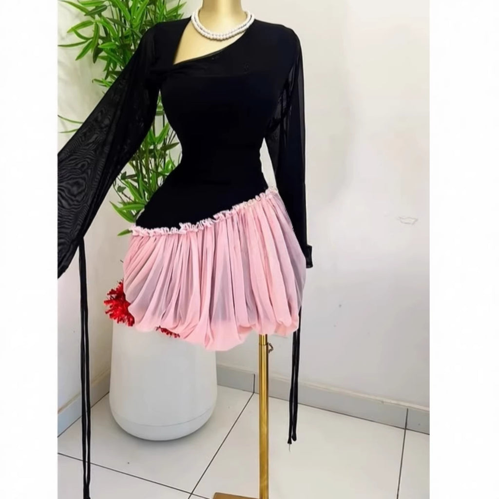 Sweet Long Sleeve Asymmetrical Collar Tie Mini Puff Dress