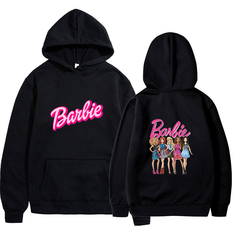 Style Barbie Letter Print Fleece Lined Unisex Loose Fit Hooded Pullover Sweatshirt