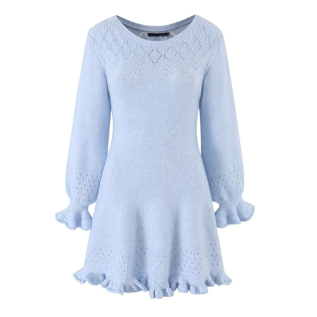 Lantern horn sleeve wood ear cinched short dress for women
