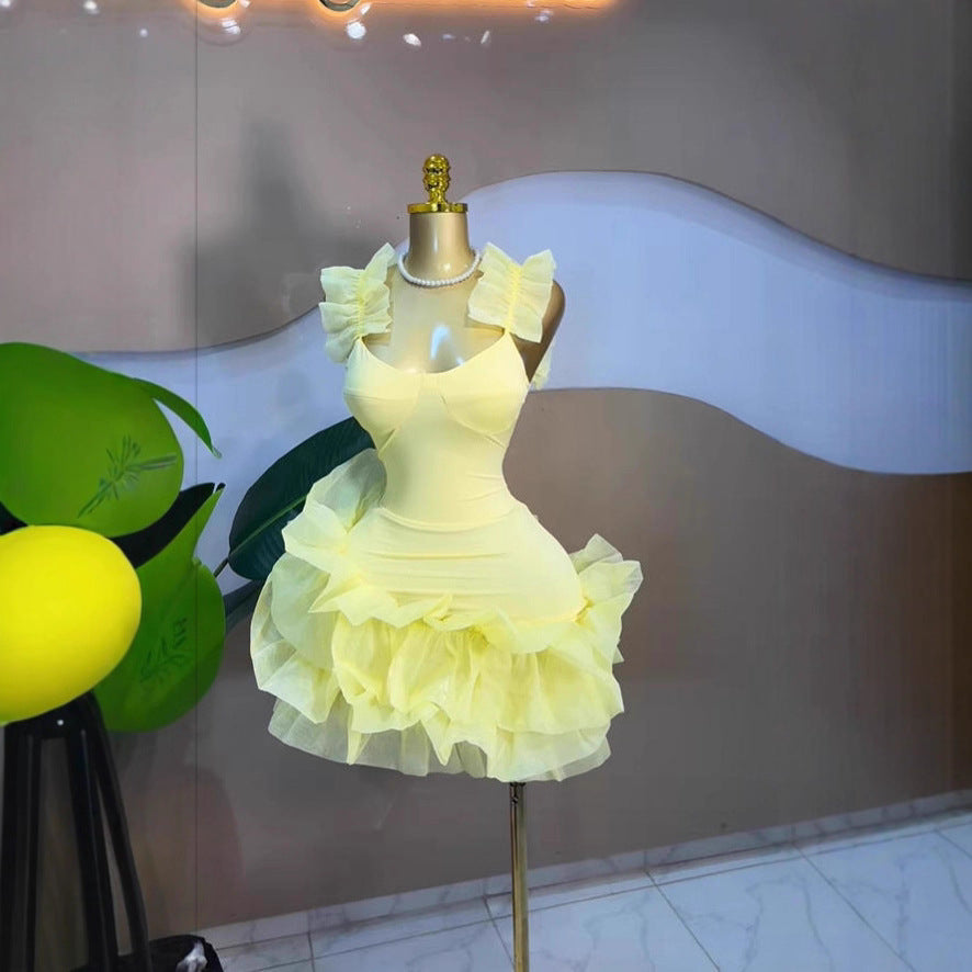 Sweet Sleeveless Tube Top Waist Cinched Puff Mini Dress