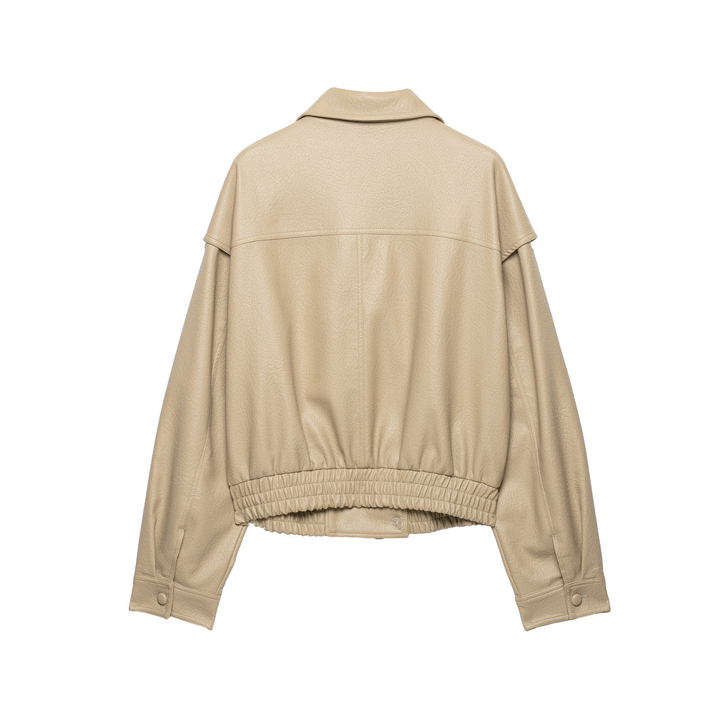 Loose PU leather jacket with elastic hem jacket