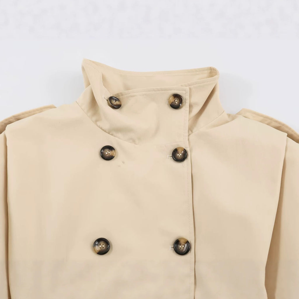Casual loose double breasted stand up collar pleated trench coat for women