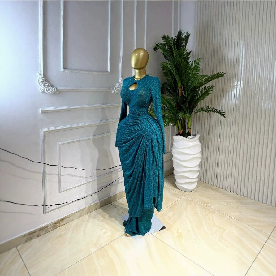 Jacquard Long Sleeve Ruched Tie Ribbon Maxi Dress