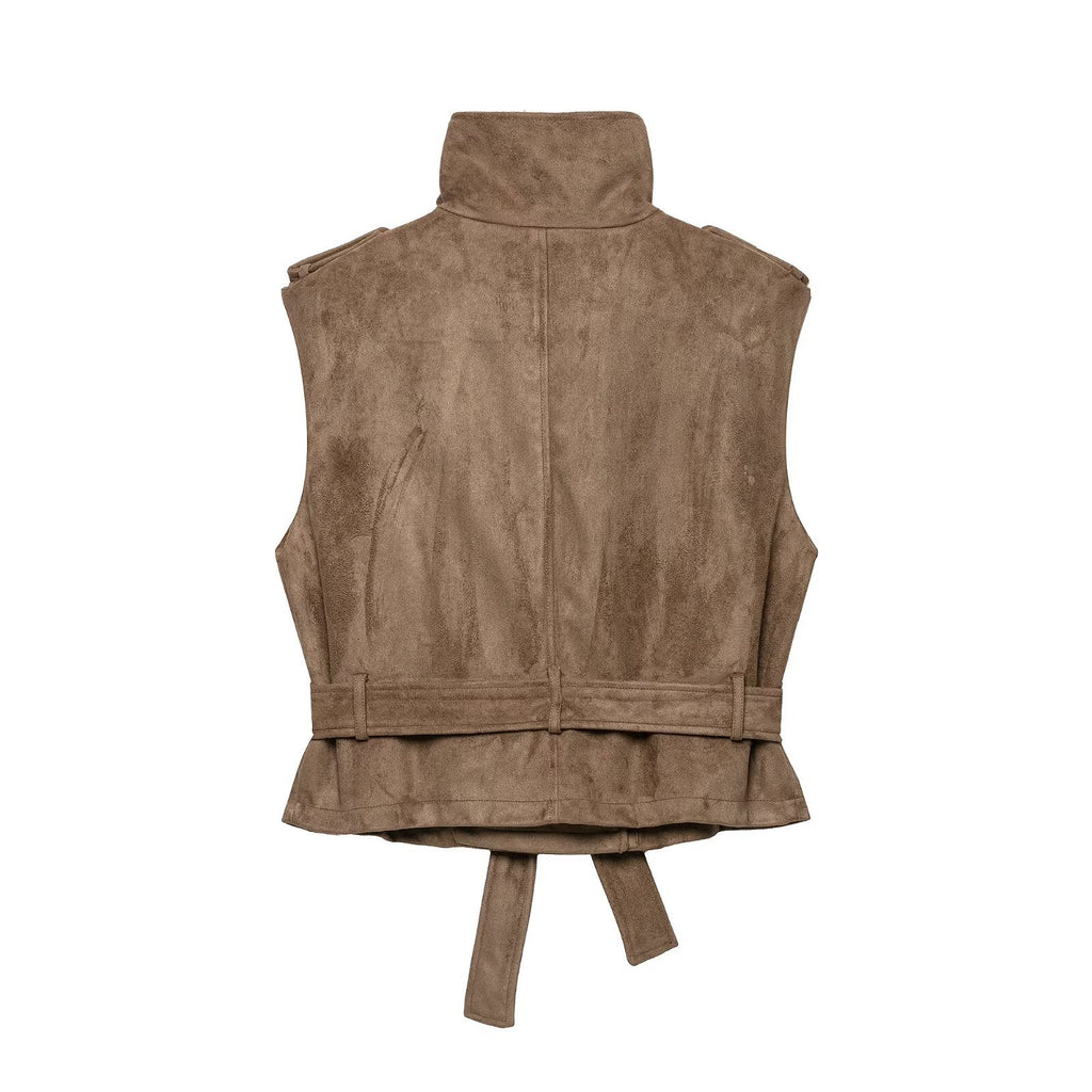Women's vest with suede texture and waist belt