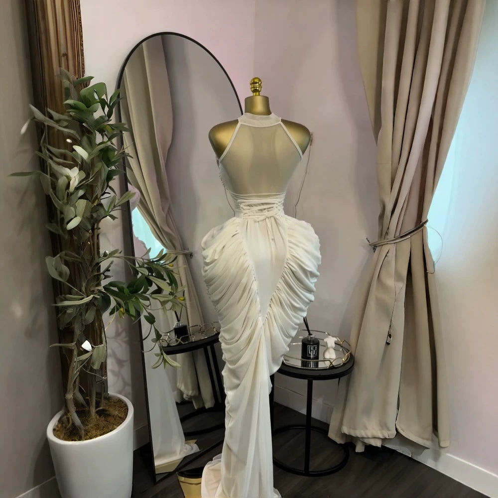 Elegant Sexy Sleeveless Ruched Mesh Round Neck Bodycon Dress