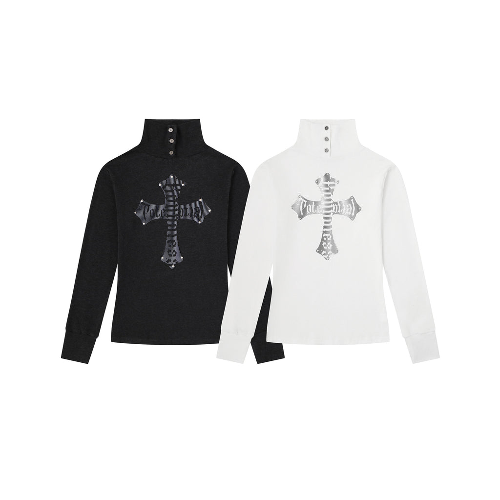 Women's Rhinestone Cross Long Sleeve Mock Neck Button Front Slim Fit T-Shirt