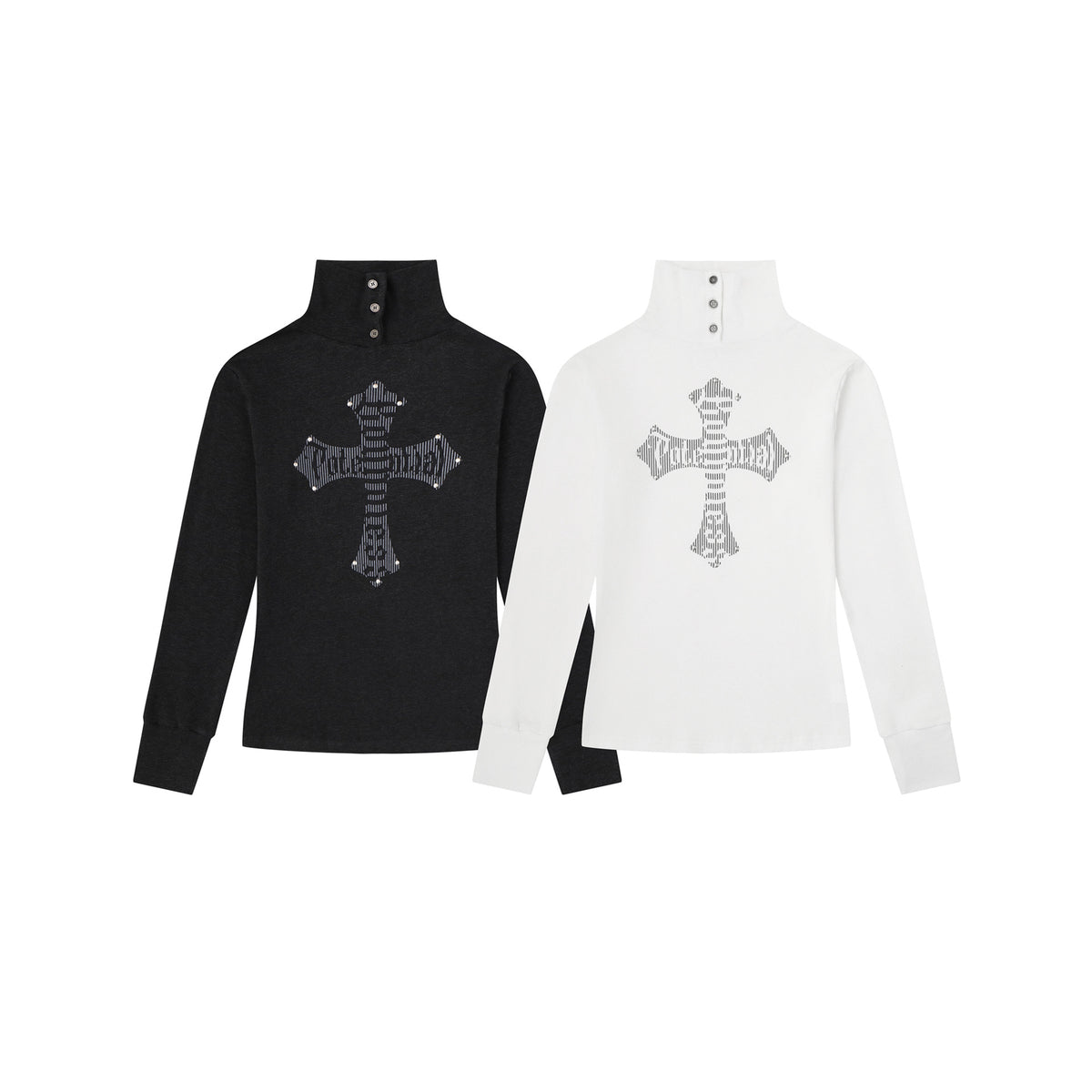 Women's Rhinestone Cross Long Sleeve Mock Neck Button Front Slim Fit T-Shirt