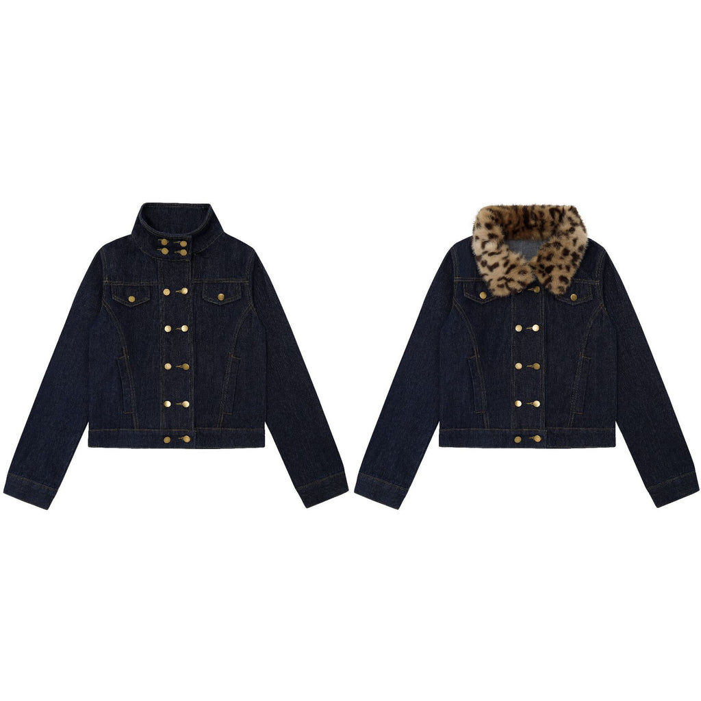 Women's Raw Indigo Denim Jacket Double-Breasted Stand Collar Detachable Leopard Print Fur Collar Petite Friendly