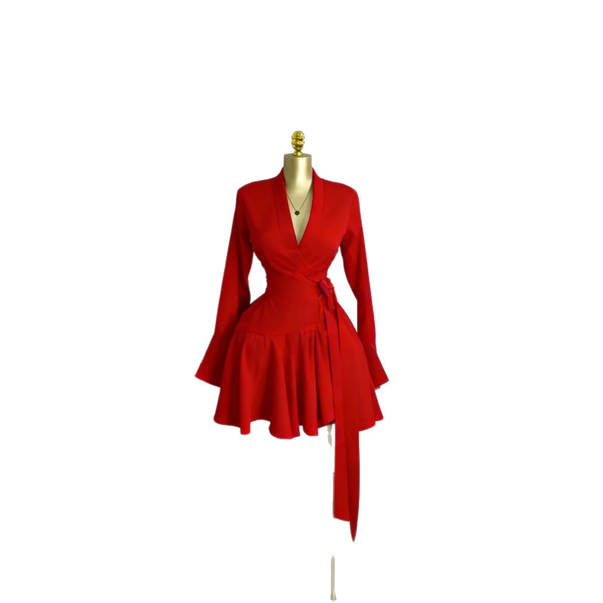 Sweet Printed Long Sleeve Lapel Collar Belt Pleated Mini Dress