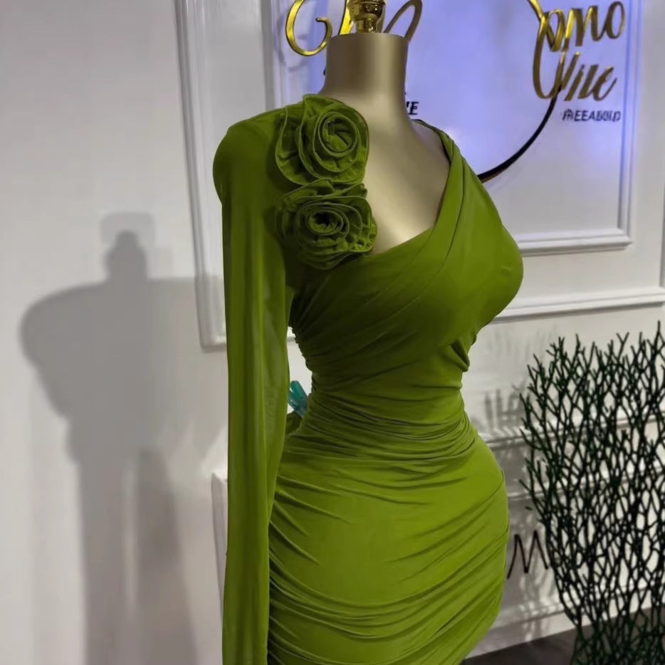 Floral Long Sleeve Asymmetric Neckline Pleated Slimming Mini Dress