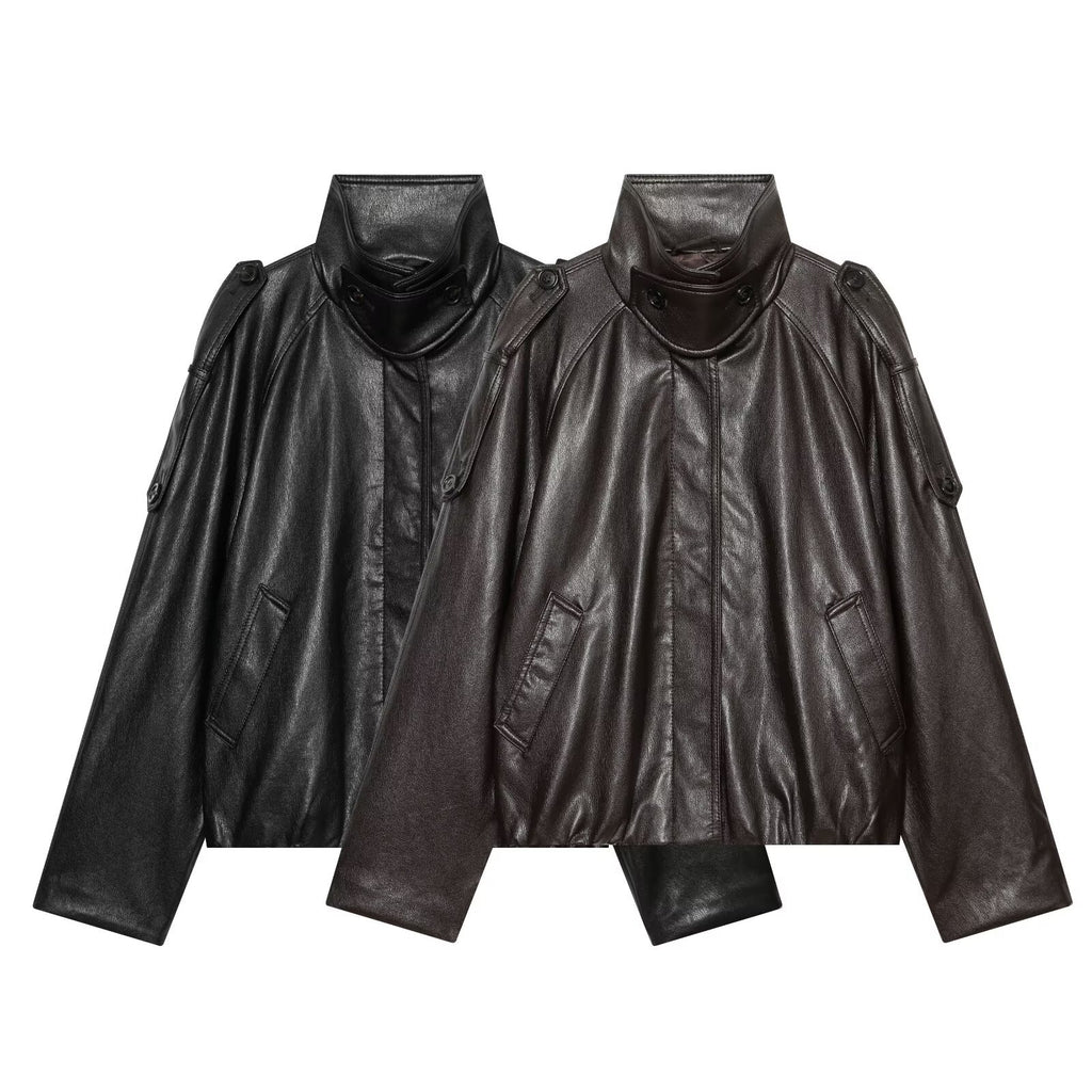 Leisure faux leather corridor shaped layered jacket
