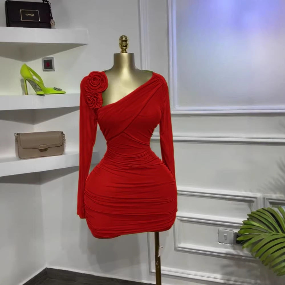 Floral Long Sleeve Asymmetric Neckline Pleated Slimming Mini Dress