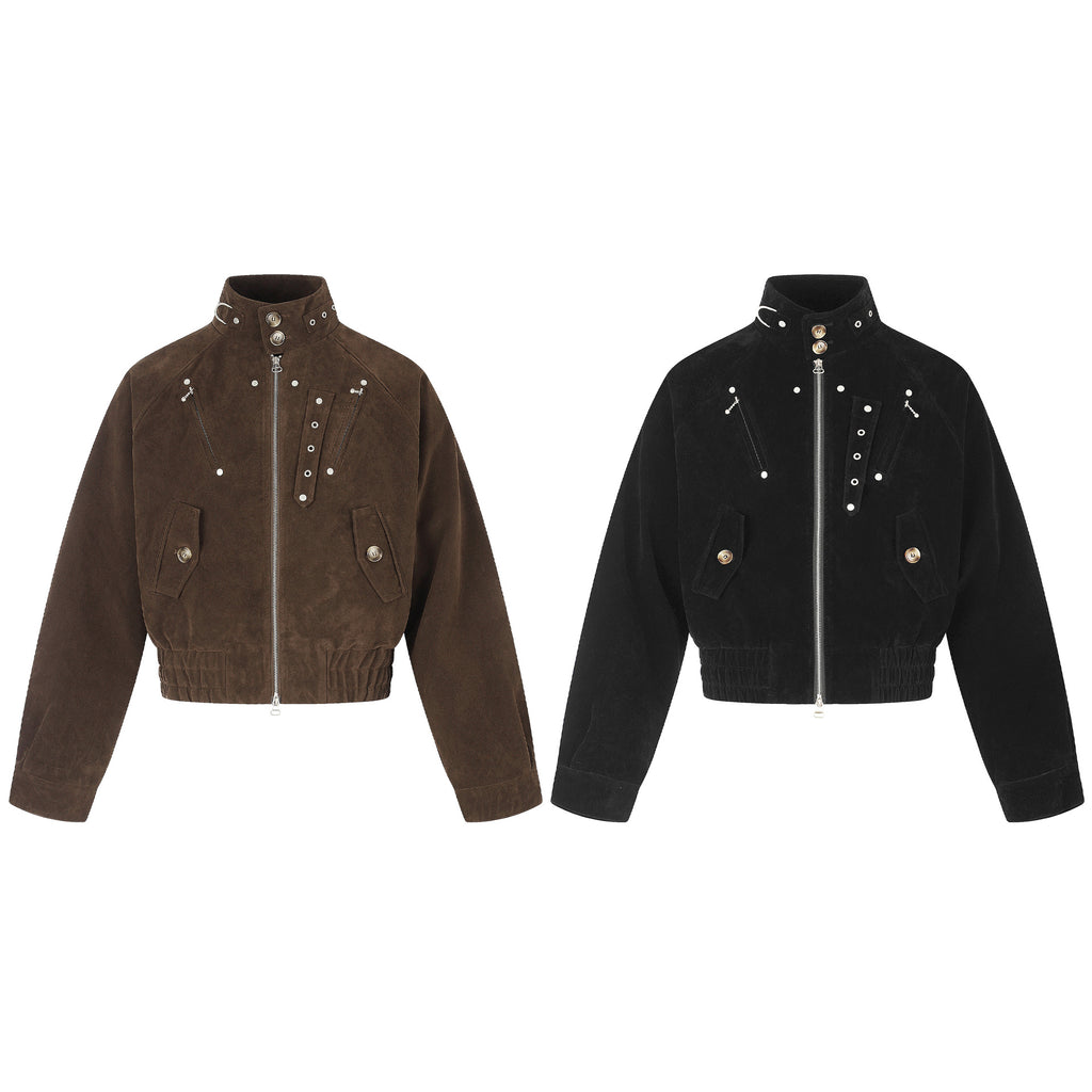 Suede Rivet Stand Collar Cropped Workwear Jacket