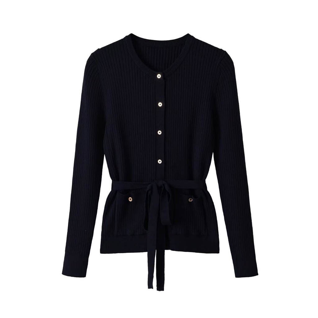 Single breasted ribbed knit sweater jacket with belt for women