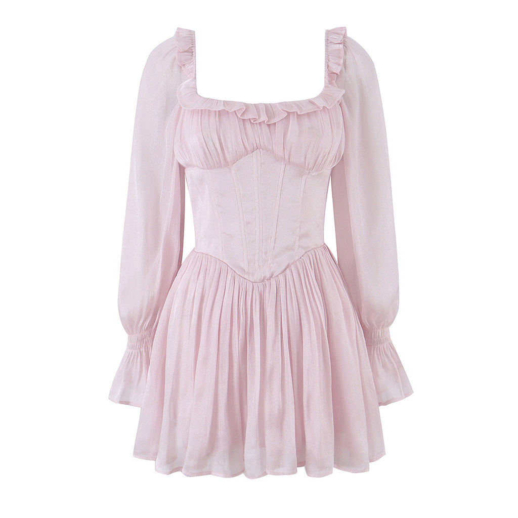 Tailored fishbone waist cinched bubble sleeve dress for women's wear