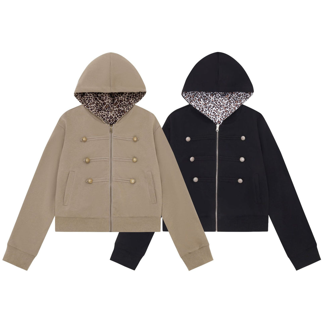 Reversible Leopard Print Double-Breasted Zip-Up Hooded Crop Jacket