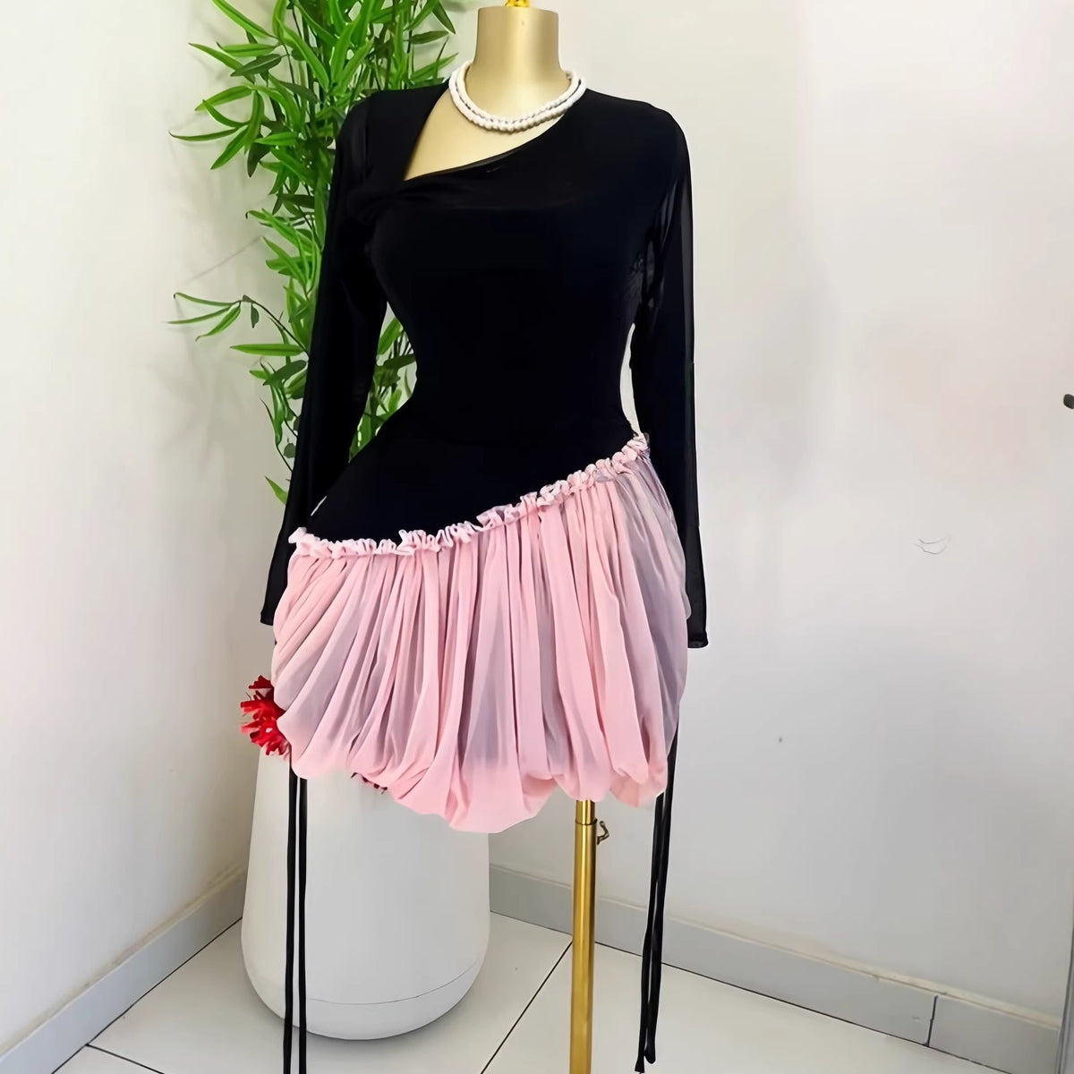 Sweet Long Sleeve Asymmetrical Collar Tie Mini Puff Dress