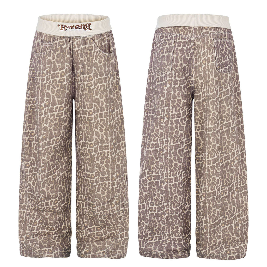 Leopard Print Sweatpants with Contrast Letter Embroidery Elastic Waist Loose Wide Leg Floor-Length Casual Pants