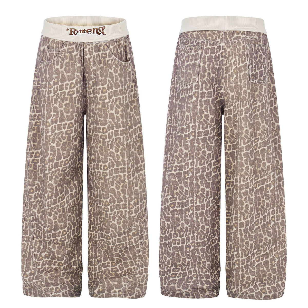 Leopard Print Sweatpants with Contrast Letter Embroidery Elastic Waist Loose Wide Leg Floor-Length Casual Pants