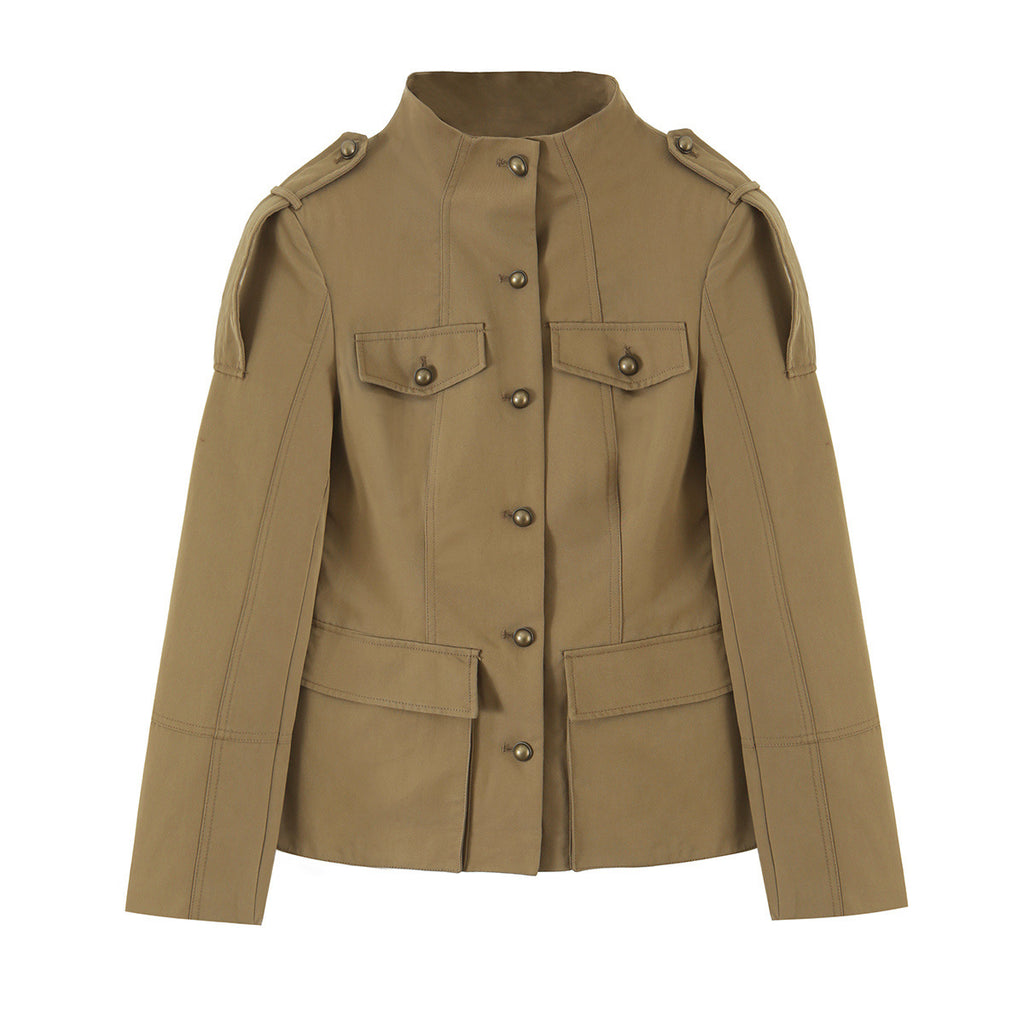 Pocket breasted stand up collar jacket+shorts set for women