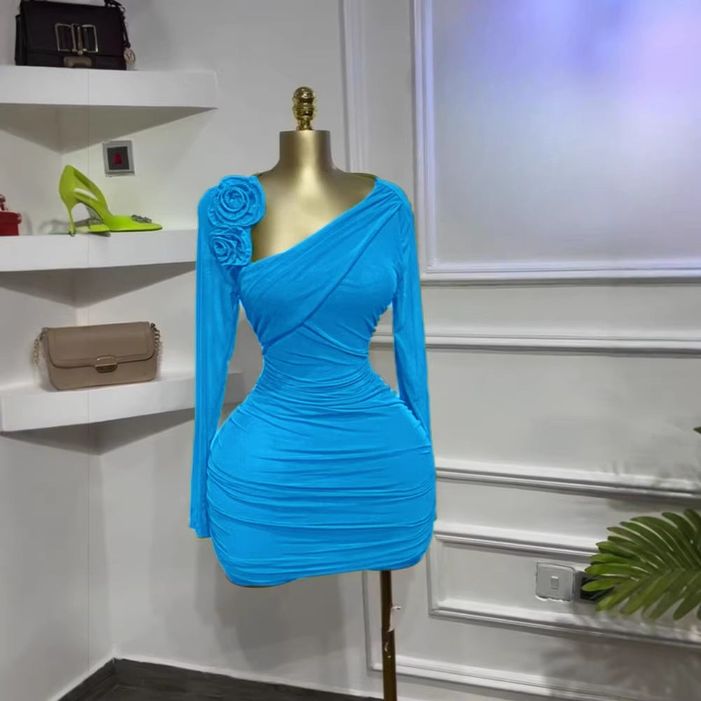 Floral Long Sleeve Asymmetric Neckline Pleated Slimming Mini Dress