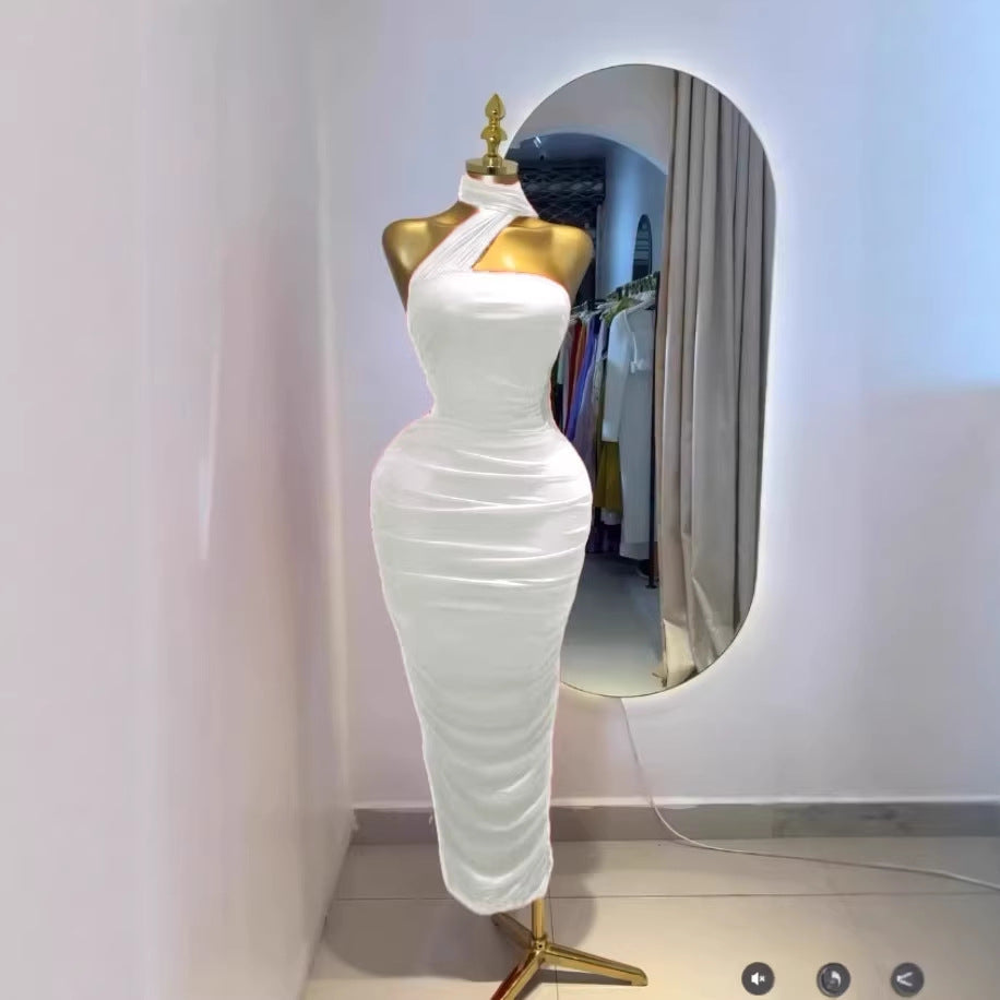 Pleated Sleeveless Tie Ribbon Tube Top Long Dress