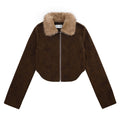 Zippered Lapel with Detachable Fur Collar, Cropped Waist-Cinching Earth-Tone Motorcycle Coat