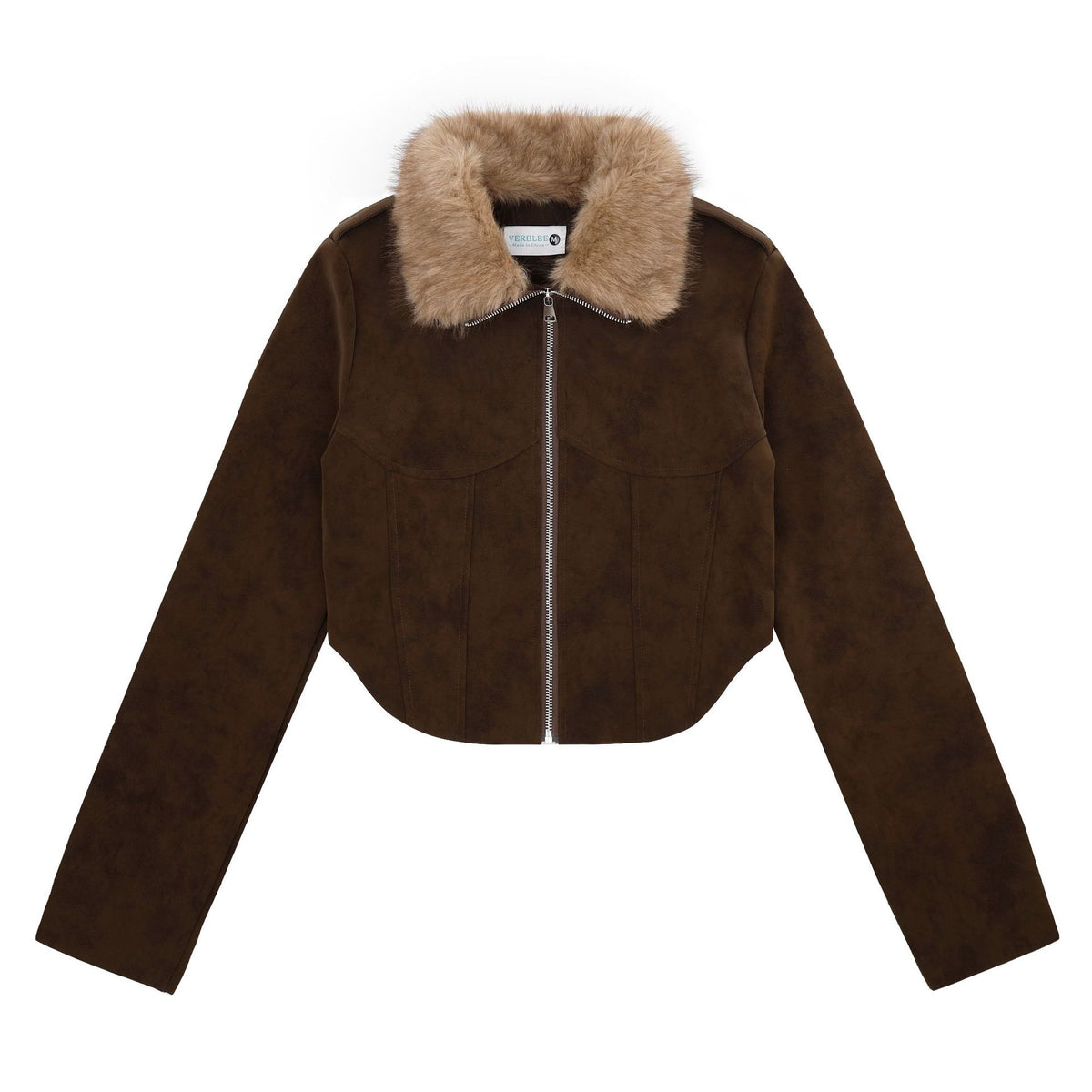 Zippered Lapel with Detachable Fur Collar, Cropped Waist-Cinching Earth-Tone Motorcycle Coat