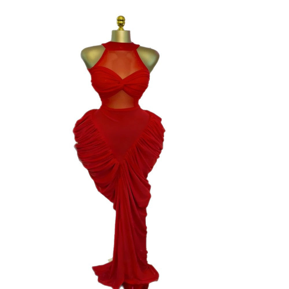 Elegant Sexy Sleeveless Ruched Mesh Round Neck Bodycon Dress