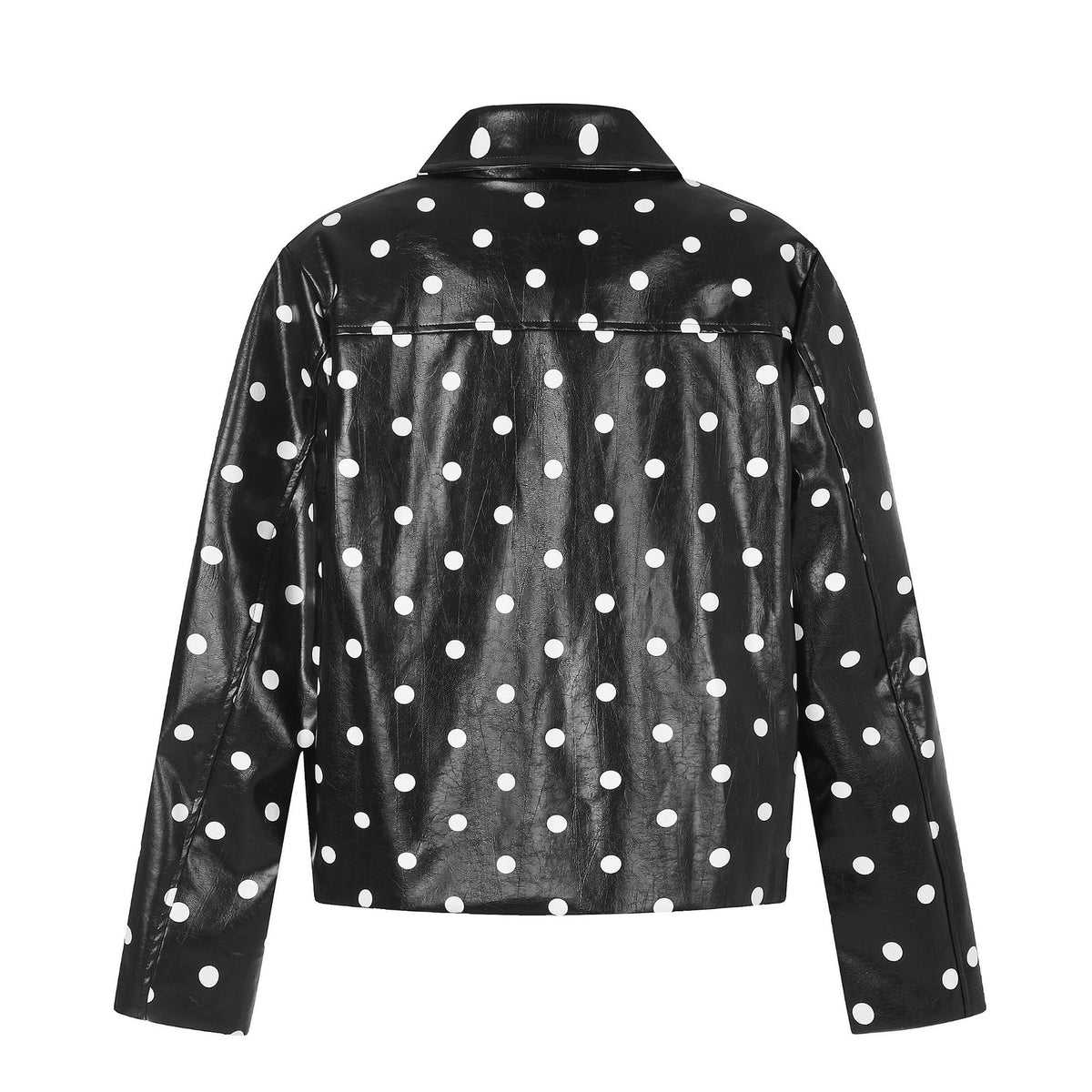 Polka Dot Zip Up Notched Lapel Glossy PU Loose Crop Leather Jacket