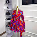 Sweet Printed Long Sleeve Lapel Collar Belt Pleated Mini Dress