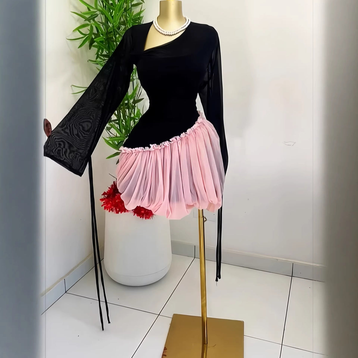 Sweet Long Sleeve Asymmetrical Collar Tie Mini Puff Dress