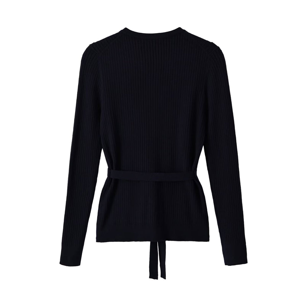 Single breasted ribbed knit sweater jacket with belt for women
