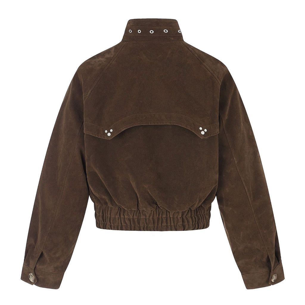 Suede Rivet Stand Collar Cropped Workwear Jacket