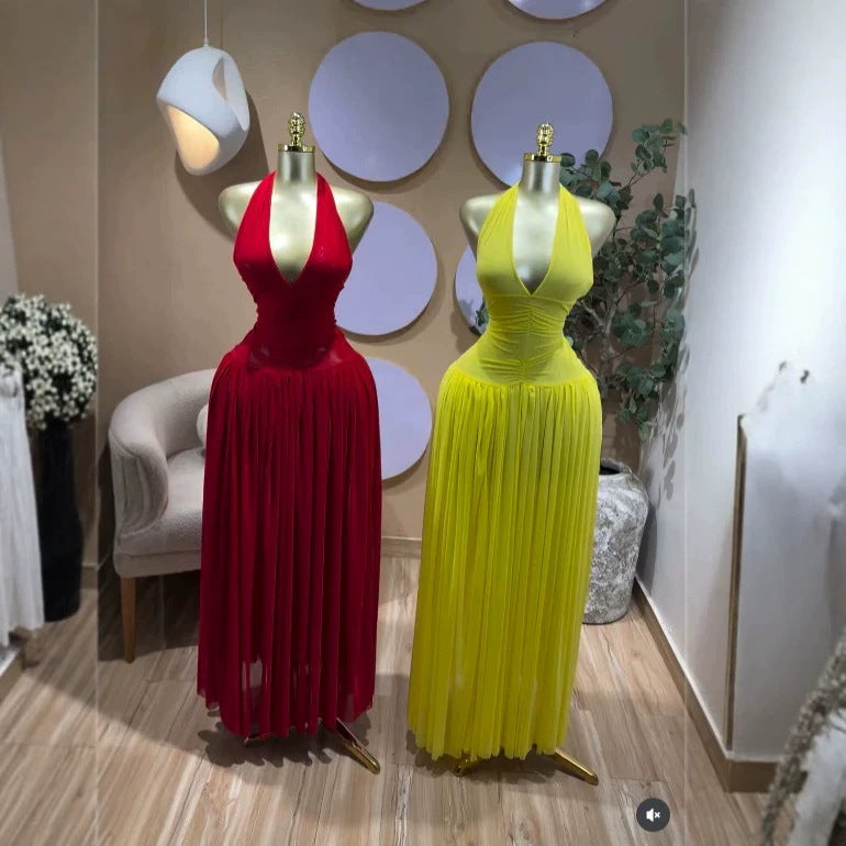 Sleeveless Pleated Mesh Long Formal Dress